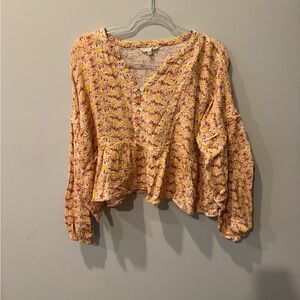 Simply Southern Pink and Yellow Floral Peplum Blouse
